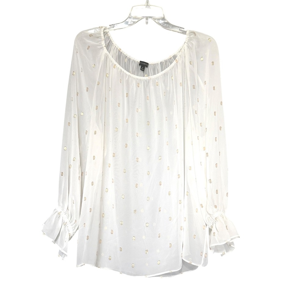 Talbots Womens XL White Gold Metallic Clip Dot Sheer Ruffle Peasant Blouse Top